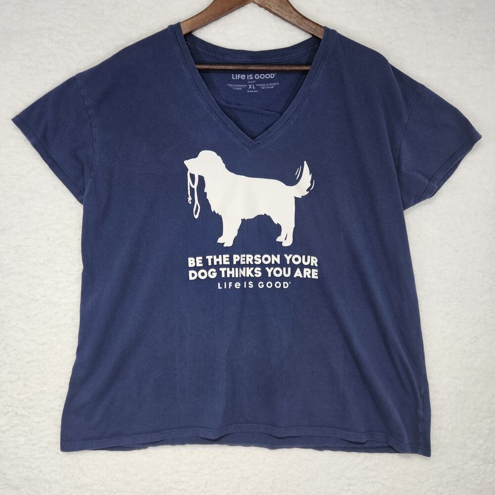 Life Is Good Sleep Womens XL Blue V-Neck Dog Graphic Logo Tee 100% Cotton Knit